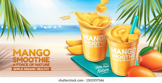 Mango smoothie banner ads on bokeh beach background in 3d illustration