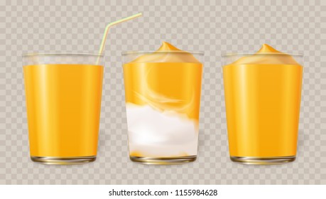 Mango smoothie in cup. A set cup of glass with juice, smoothie and ice cream from fruit of orange color. Realistic vector illustration 