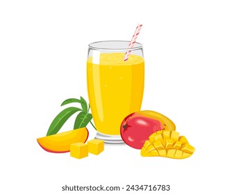 Batido de mango en vidrio. Bebida fresca y saludable y fruta tropical. Ilustración de dibujos animados vectoriales