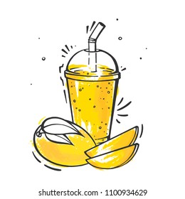 Mango smoothie illustration in doodle style. Vector juice in cup isolated