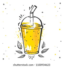 Mango smoothie illustration in hand drawn style. Vector juice in cup isolated