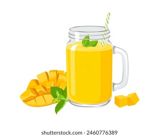 Mango smoothie in mason jar glass with straw isolated on white background. Yellow milkshake. Vector cartoon illustration.