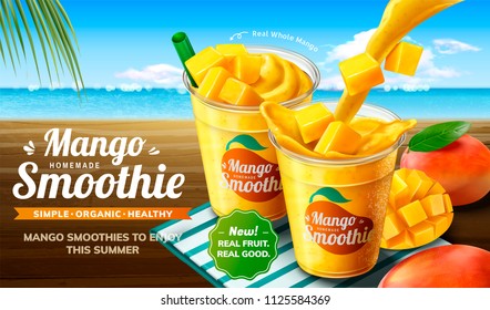 Mango smoothie pouring into takeaway cup with fresh fruit on beach background in 3d illustration