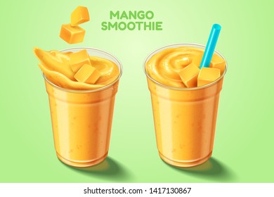 Mango smoothie takeout cup with fruit and straw in 3d illustration