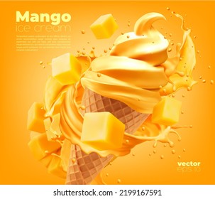 Mango Soft Ice Cream Cone With Splash Of Tropical Fruit Sauce. Vector 3d Swirl Of Soft Serve Icecream, Gelato Or Frozen Yogurt In Waffle Cone, Summer Milk Dessert With Topping Of Sweet Mango Cubes