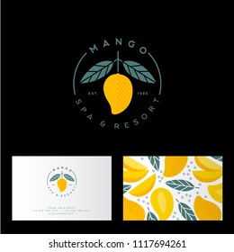 Mango spa, resort or hotel logo. Mango emblem with leaves. Identity, business card with mango pattern. 