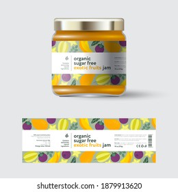 Mango, Star Fruit (carambola) and mangosteen exotic fruits jam label and packaging. Jar with cap with label. White strip with text and on seamless pattern with fruits, flowers and leaves.