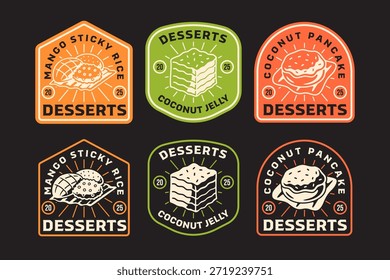 Arroz pegajoso del mango, torta de la jalea del coco, tortita del coco, donut, diseño rústico retro del logotipo del remiendo de la insignia de los postres asiáticos fijado para el restaurante, cafés, comida de la calle, culinaria, pastelería, panadería. Ilustración vectorial