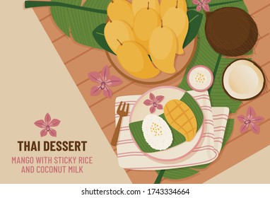 Mango With Sticky Rice And Coconut Milk on Wood Background, Flat Lay, Thai Dessert, vector, Illustration,
