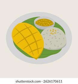 Manga, arroz pegajoso, leite de coco e feijão mung são maravilhosamente dispostos em prato branco com folha de bananeira, criando tradicional sobremesa tailandesa com aparência doce e convidativa