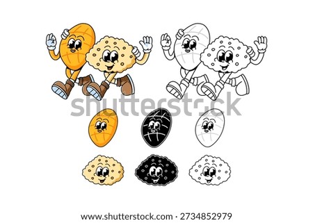 Mango and sticky rice food retro cartoon character walking together and showing ok and waving hand pose for restaurant, cafes, snack mascot and merchandise. Thai mango sticky rice mascot logo