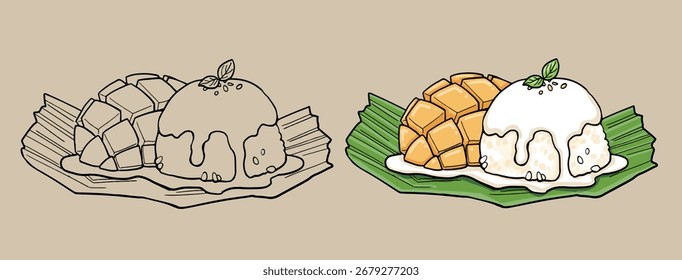 Ilustración de dibujo de mano de arroz pegajoso de mango