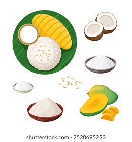 Ingredientes de arroz pegajosos de mango. Leche de coco, azúcar, arroz pegajoso, mango, sal, sésamo.