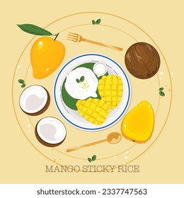 Menú de arroz pegajoso Mango Ilustración tailandesa de comida, Elementos Vector de mango de coco de coco, objetos