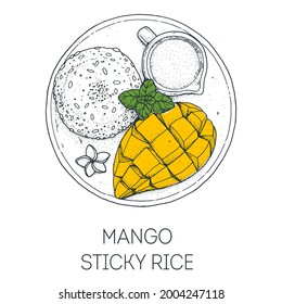 Mango sticky rice, thai food. Hand drawn vector illustration. Sketch style. Top view. Vintage vector illustration.