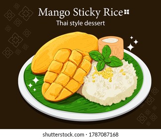 Mango sticky rice thai style dessert hand draw art illustration Premium Vector