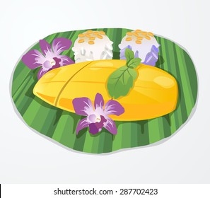 Mango sticky rice topped with coconut on banana leaf decorated with orchids.