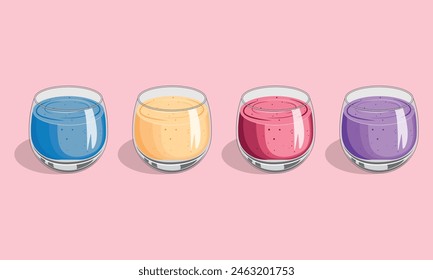 mango, strawberry, grape and blueberry smoothies. Illustration smoothies in a glass cup. Summer drinks. Cup of fruity organic shake. Fruit cocktail. Vector illustration. 