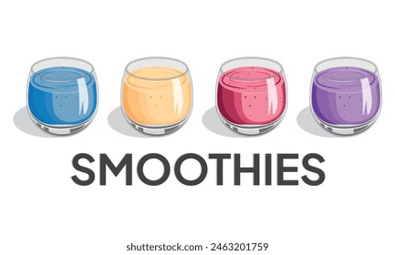 Mango, Erdbeeren, Trauben und Heidelbeeren Smoothies. Illustration Smoothies in einem Glasbecher. Sommergetränke. Tasse fruchtigen Bio-Shake. Fruchtcocktail. Vektorillustration. 