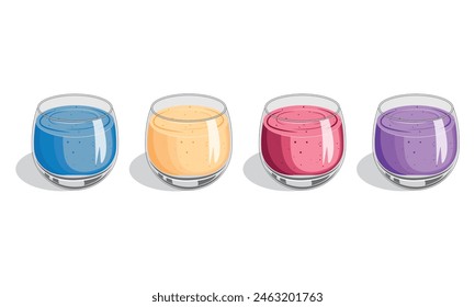 mango, strawberry, grape and blueberry smoothies. Illustration smoothies in a glass cup. Summer drinks. Cup of fruity organic shake. Fruit cocktail. Vector illustration. 