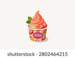 Mango and strawberry soft serve ice cream swirl vector illustration. Fruity frozen yogurt cup topped with fresh strawberry slices, crumbles, and mint.