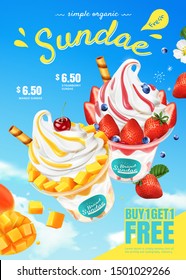 Mango and strawberry sundae ads with chocolate stick on blue sky in 3d illustration
