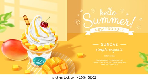 Mango sundae ads with fresh fruit on yellow background in 3d illustration