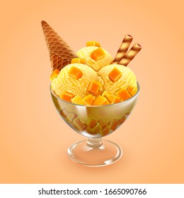 Mango sundae with crispy chocolate stick, ice cream cone and chopped fruits in 3d illustration