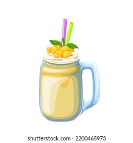 Mango sweet milkshake vector illustration. Cartoon isolated cold milk drink with mango fruit pieces and green mint leaf on whipped vanilla cream, drinking straw in glass bottle with dessert cocktail