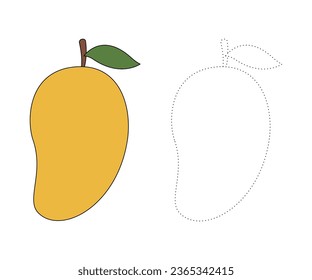 Mango. Trace and color for children, coloring page or book, mango vector illustration. Isolated white background.