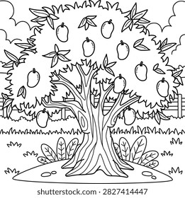 Mango tree with ripe fruit in orchard setting for coloring page