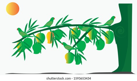 Mango tree vector with mango fruits and parrots birds mango crop