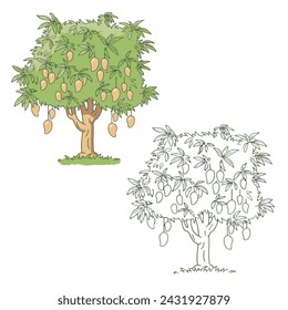 ilustraciones vectoriales de árbol de mango. dibujo con arte lineal sobre fondos blancos. Estilo de esquema de diseño simple. Puedes dar color como quieras.