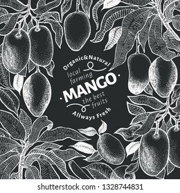 Mango tree vintage design template. Botanical mango fruit frame. Engraved mango. Retro illustration on chalk board