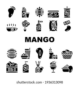 Mango Tropical Fruit Collection Icons Set Vector. Mango Juice And Jam, Ice Cream And Vinegar, Canned Food And Tea, Soap And Aroma Diffuser Glyph Pictograms Black Illustrations