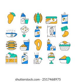 Mango Tropical Fruit Collection Icons Set Vector. Mango Juice And Jam, Ice Cream And Vinegar, Canned Food And Tea, Soap And Aroma Diffuser color Contour Illustrations