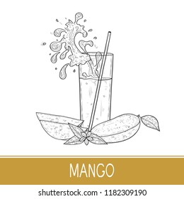 Mango. Tropical Fruit. A glass with juice, straw. Sketch. Monochrome.