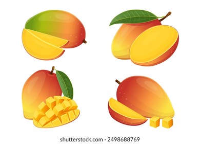 Fruta tropical del mango con la hoja verde aislada en fondo blanco. Vector EPS 10. perfecto para el Fondo de pantalla o los Elementos de diseño	