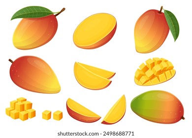 Fruta tropical del mango con la hoja verde aislada en fondo blanco. Vector EPS 10. perfecto para el Fondo de pantalla o los Elementos de diseño	