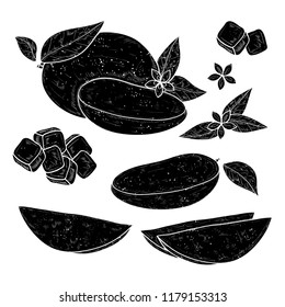 Mango. Tropical Fruit. Fruit, leaf, flower, cube. Black silhouette on white background. Set.