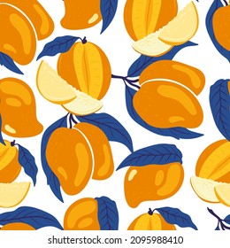 Mango. Tropical fruit seamless pattern in hand-drawn style. Vegetarian food vector repeat background for colorful summer fabric.