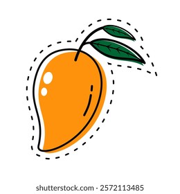 mango tropical sweet summer fruit. Sticker. Ripe orange mango clipart icon with leaf. flat vector illustration.