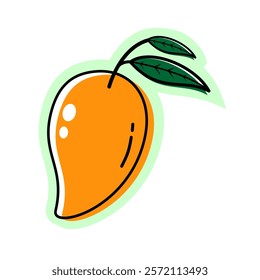 mango tropical sweet summer fruit. Sticker. Ripe orange mango clipart icon with leaf. flat vector illustration.