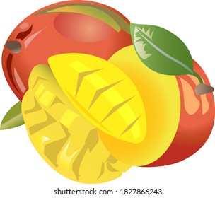 Mango with a twig and a leaf and a cut piece. Color image of food. Vector illustration isolated on white background.