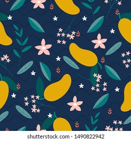mango and variety flower on blue background pattern
