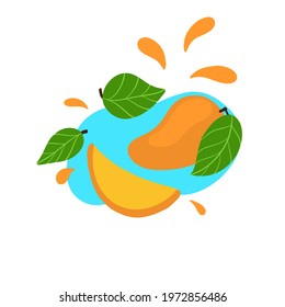 Mango vector illustration. Mango, bright tropical sweet fruit, a slice of fruit, Water and a splash of juicy exotic fruit, green leaves. Vector illustration of fruit, for printing, isolated on white.