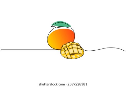 Mango vector illustration. One line drawing art color illustration, Mango conceptual logo design in continuous outline drawing. Drupe fruit in one line art style with abstract color spot.