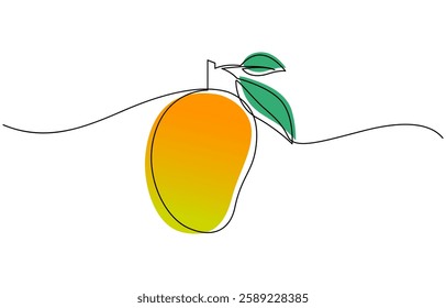 Mango vector illustration. One line drawing art color illustration, Mango conceptual logo design in continuous outline drawing. Drupe fruit in one line art style with abstract color spot.