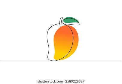 Mango vector illustration. One line drawing art color illustration, Mango conceptual logo design in continuous outline drawing. Drupe fruit in one line art style with abstract color spot.