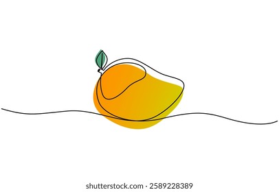 Mango vector illustration. One line drawing art color illustration, Mango conceptual logo design in continuous outline drawing. Drupe fruit in one line art style with abstract color spot.